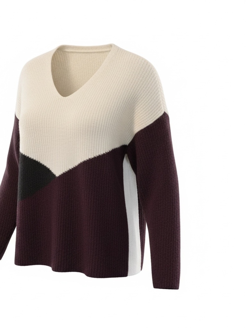 Apt. 9 Cream, Plum & Black V-Neck Colorblock Sweater